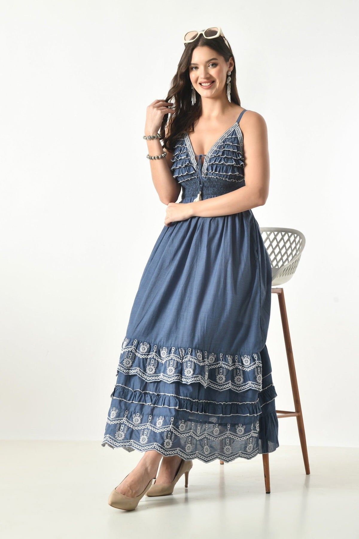 26408 Women's Chambray M Dress with Ruffle Bodice & Embroidered Hem - Advance Apparels Inc