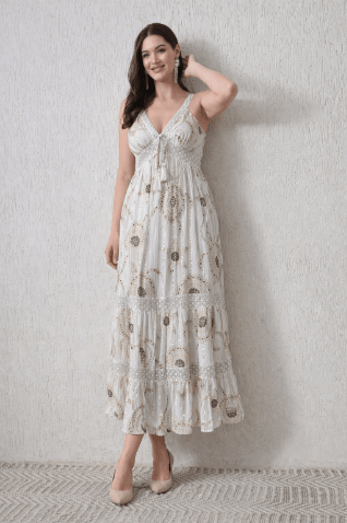 26410 Bohemian Printed Lace Trim Maxi Dress – Sleeveless Tiered Summer Dress - Advance Apparels Inc