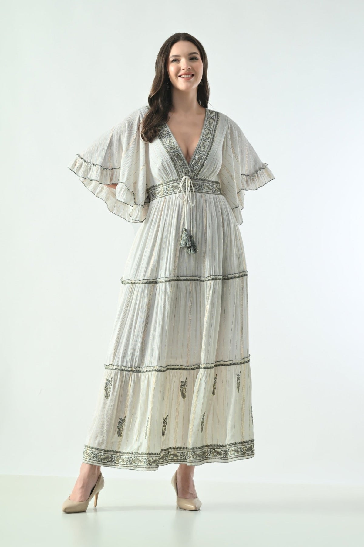 26434 Boho Embroidered Maxi Dress with Flutter Sleeves – V-Neck Tassel Tie Dress - Advance Apparels Inc
