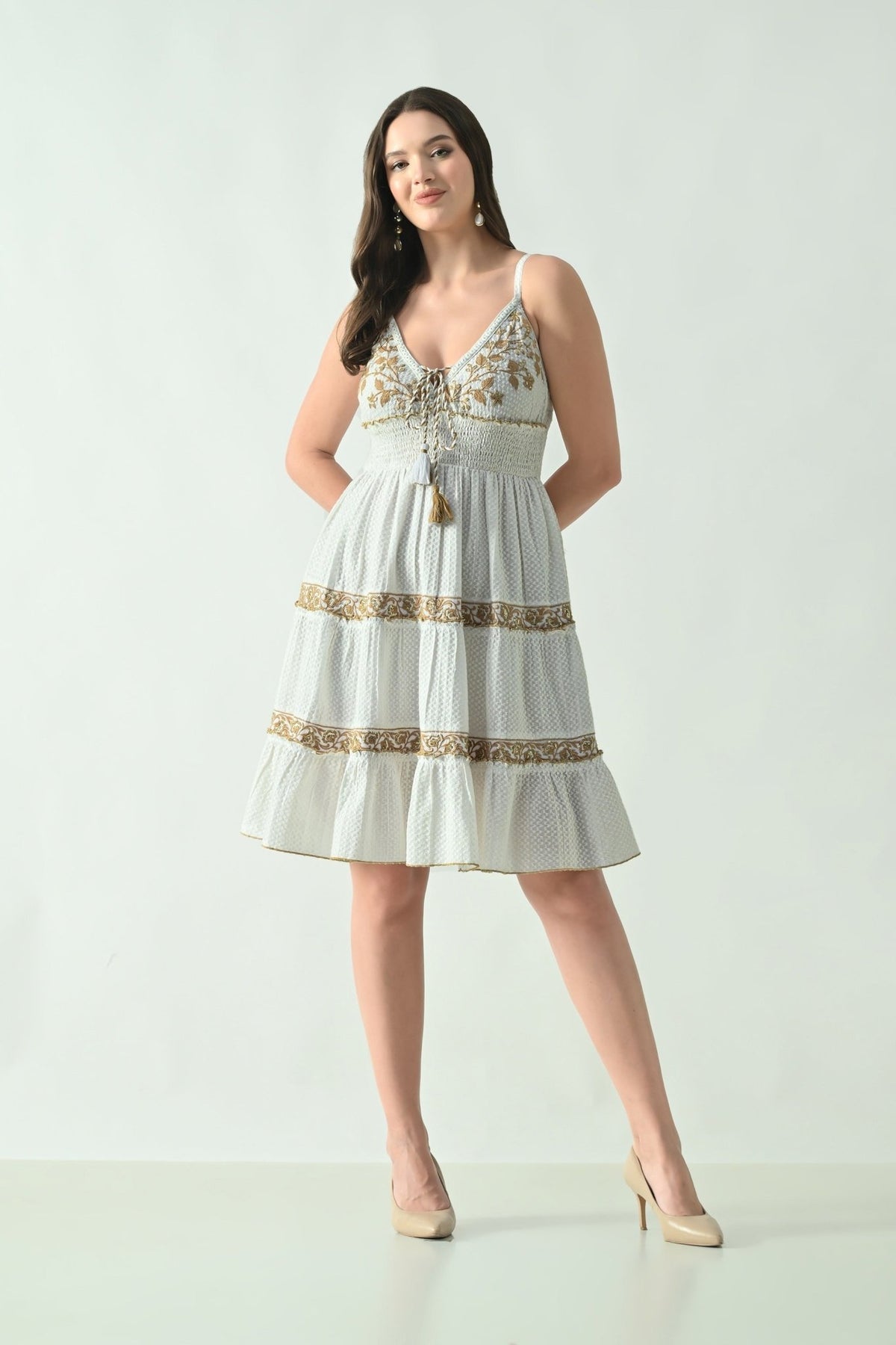 26455 Floral Embroidered Boho Mini Dress with Tassel Tie – Rayon - Advance Apparels Inc