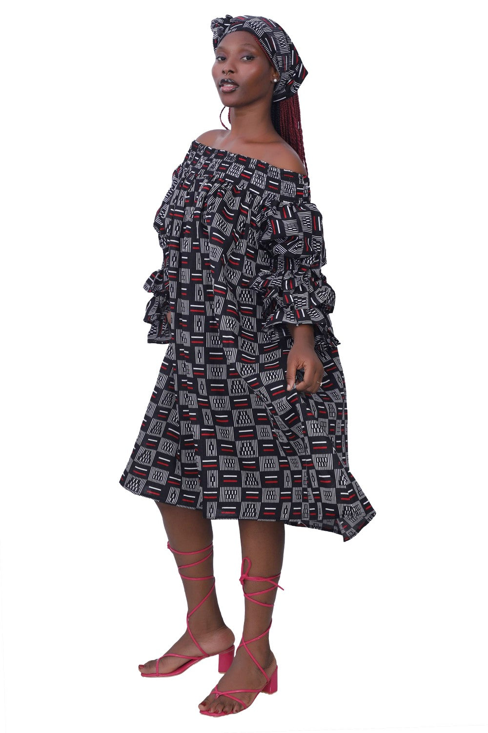 25043-B094 Faux Silk Off-Shoulder Dress with Matching Head Wrap