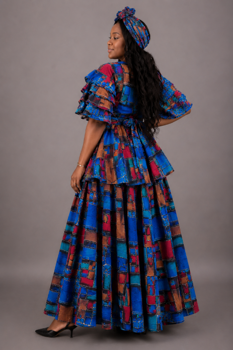 AS-25072-708 African Print Patchwork Peplum Top & Maxi Skirt 3-Piece Set with Head Wrap