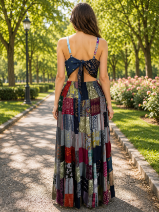 PAT-2912 Women's Boho Patchwork Maxi Dress – 100% Rayon Summer Dress - Advance Apparels Inc