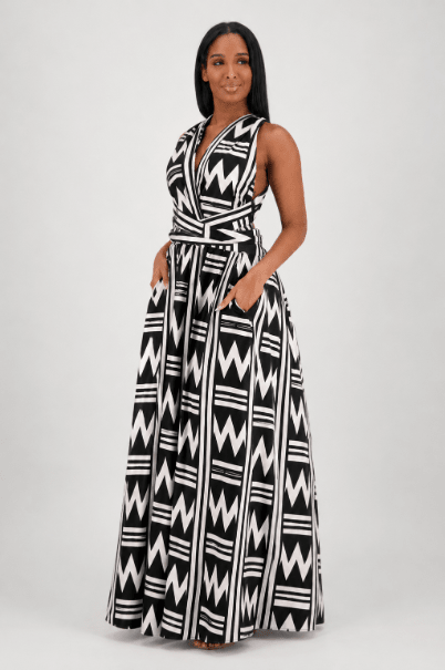 16117-292 Women's Black & White Geometric Print Cotton Maxi Dress – Open Back, Sleeveless - Advance Apparels Inc