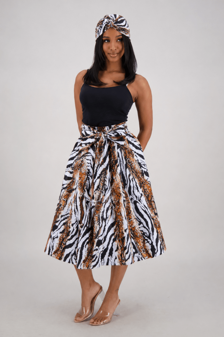 16321-282 Safari Stripe Wax Print Midi Wrap Skirt with Matching Belt – 100% Cotton - Advance Apparels Inc