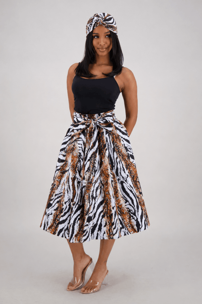 16321-282 Safari Stripe Wax Print Midi Wrap Skirt with Matching Belt – 100% Cotton - Advance Apparels Inc