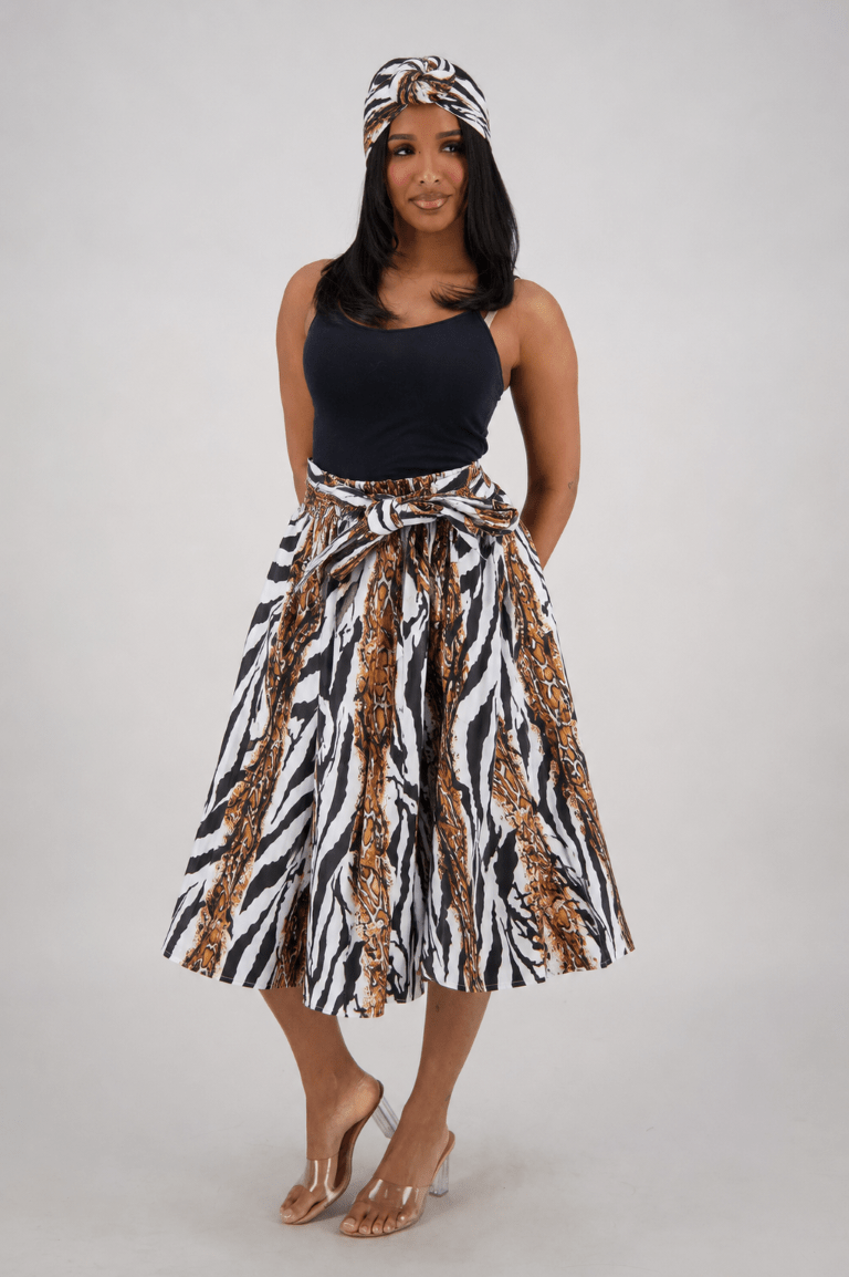 16321-282 Safari Stripe Wax Print Midi Wrap Skirt with Matching Belt – 100% Cotton - Advance Apparels Inc