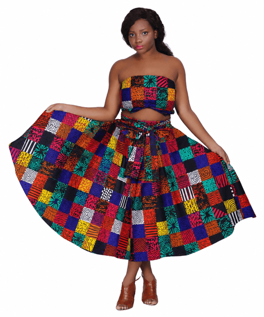16321-290 100% Cotton African Wax Print Bandeau Top & Maxi Skirt Set with Matching Head Wrap - Advance Apparels Inc