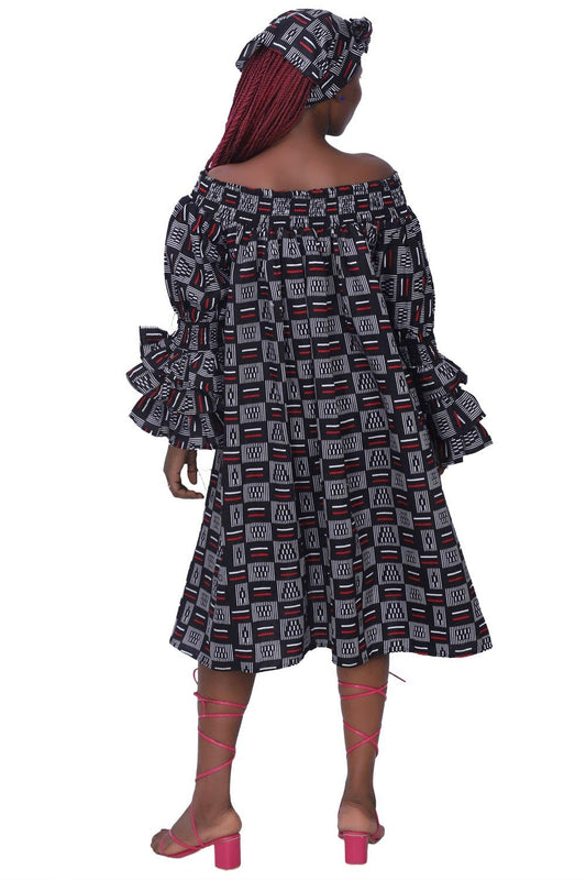 25043-B094 Faux Silk Off-Shoulder Dress with Matching Head Wrap - Advance Apparels Inc