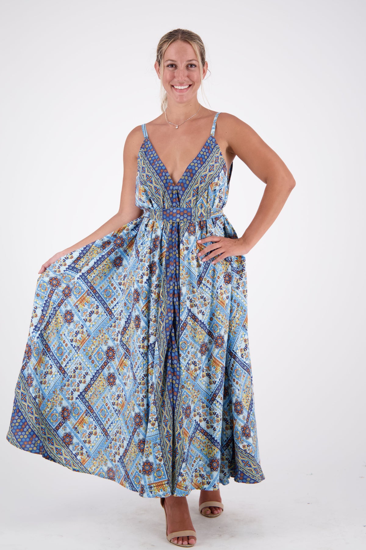 Pastel Geometric Print Silk Dress AB16078