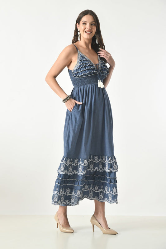26408 Women's Chambray M Dress with Ruffle Bodice & Embroidered Hem - Advance Apparels Inc