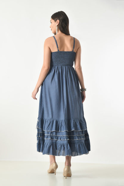 26408 Women's Chambray M Dress with Ruffle Bodice & Embroidered Hem - Advance Apparels Inc