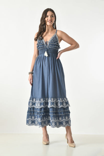 26408 Women's Chambray M Dress with Ruffle Bodice & Embroidered Hem - Advance Apparels Inc
