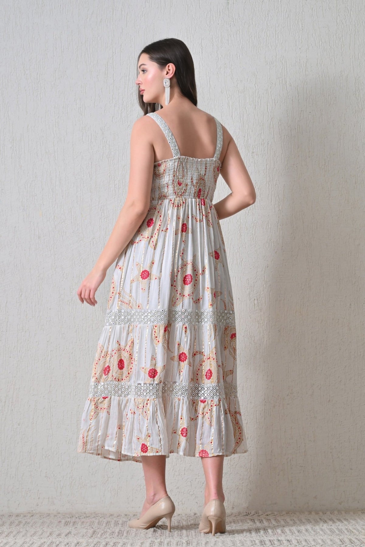 26410 Bohemian Printed Lace Trim Maxi Dress – Sleeveless Tiered Summer Dress - Advance Apparels Inc