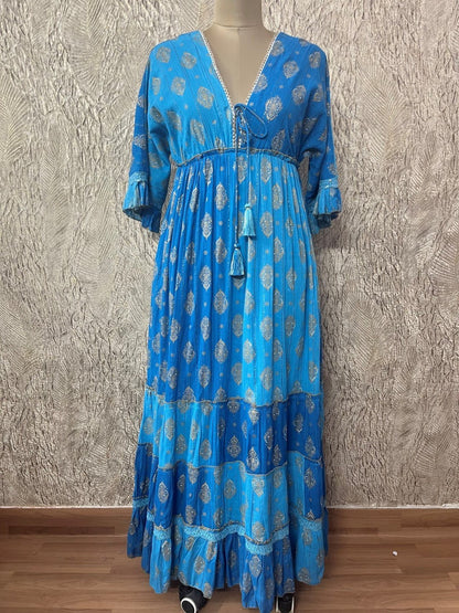 26413 Bohemian Tiered Maxi Dress with Gold Foil Print – Elegant Summer Resort Dress - Advance Apparels Inc