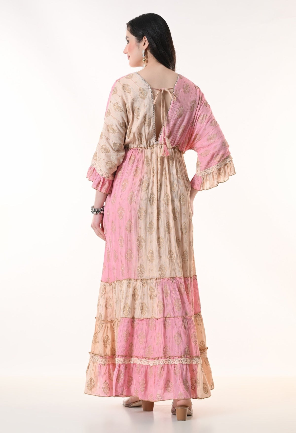 26413 Bohemian Tiered Maxi Dress with Gold Foil Print – Elegant Summer Resort Dress - Advance Apparels Inc