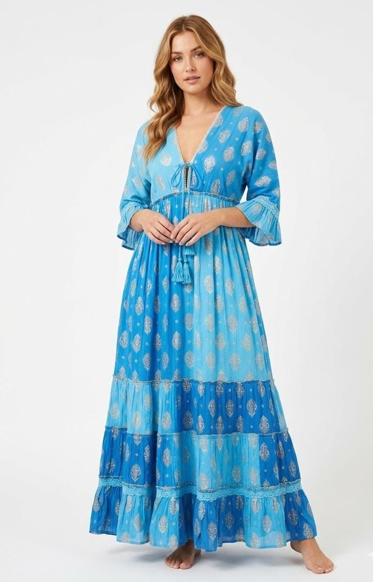 26413 Bohemian Tiered Maxi Dress with Gold Foil Print – Elegant Summer Resort Dress - Advance Apparels Inc