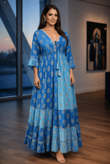 26413 Bohemian Tiered Maxi Dress with Gold Foil Print – Elegant Summer Resort Dress - Advance Apparels Inc