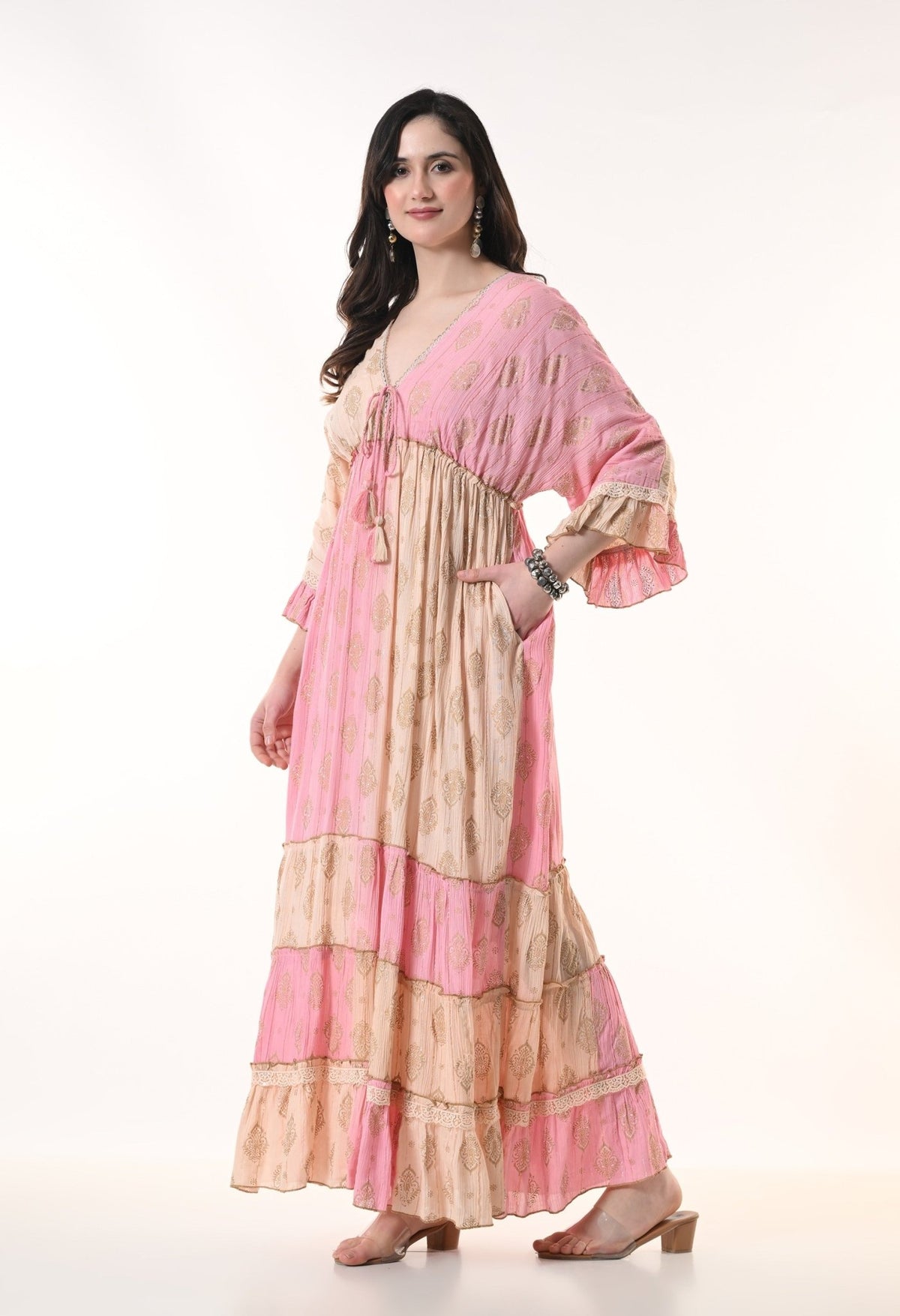 26413 Bohemian Tiered Maxi Dress with Gold Foil Print – Elegant Summer Resort Dress - Advance Apparels Inc