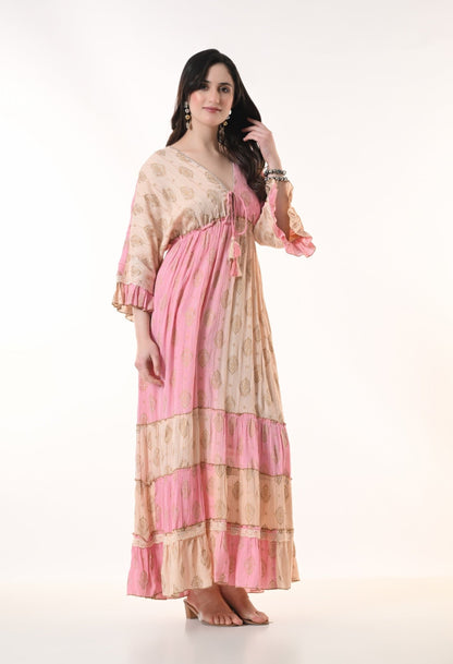 26413 Bohemian Tiered Maxi Dress with Gold Foil Print – Elegant Summer Resort Dress - Advance Apparels Inc