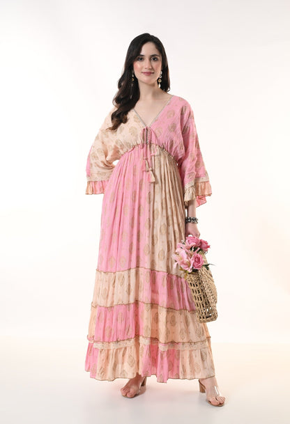 26413 Bohemian Tiered Maxi Dress with Gold Foil Print – Elegant Summer Resort Dress - Advance Apparels Inc