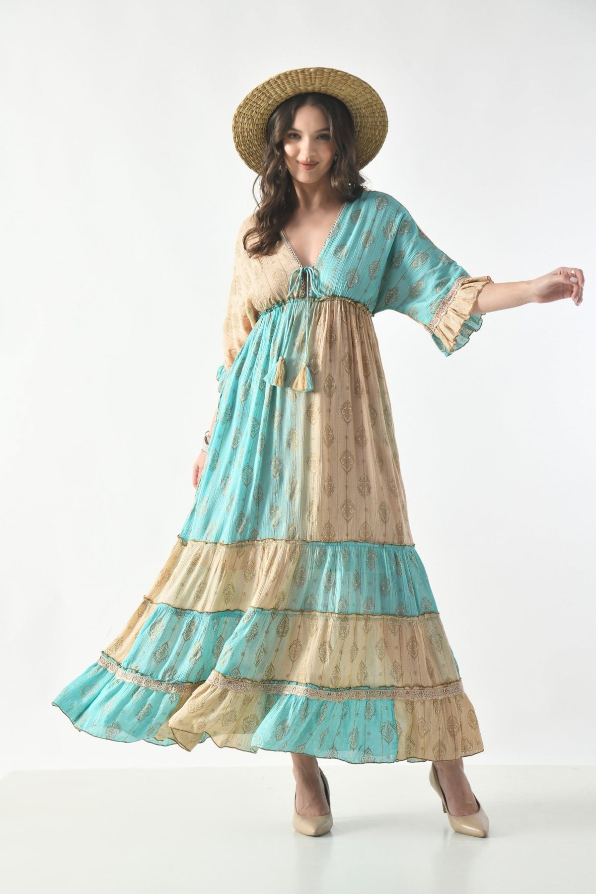 26413 Bohemian Tiered Maxi Dress with Gold Foil Print – Elegant Summer Resort Dress - Advance Apparels Inc