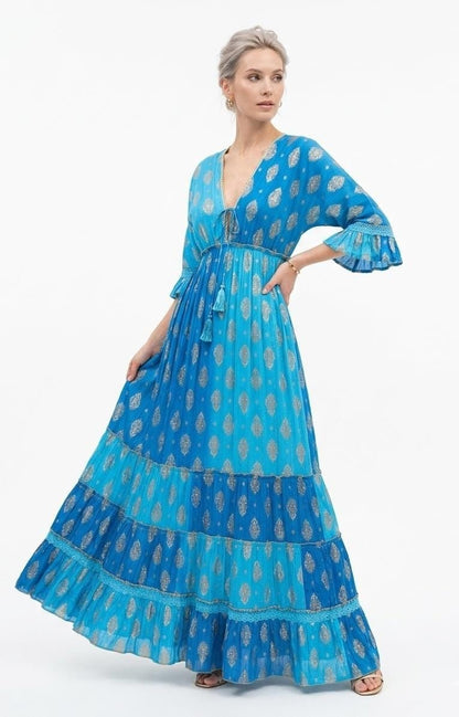 26413 Bohemian Tiered Maxi Dress with Gold Foil Print – Elegant Summer Resort Dress - Advance Apparels Inc