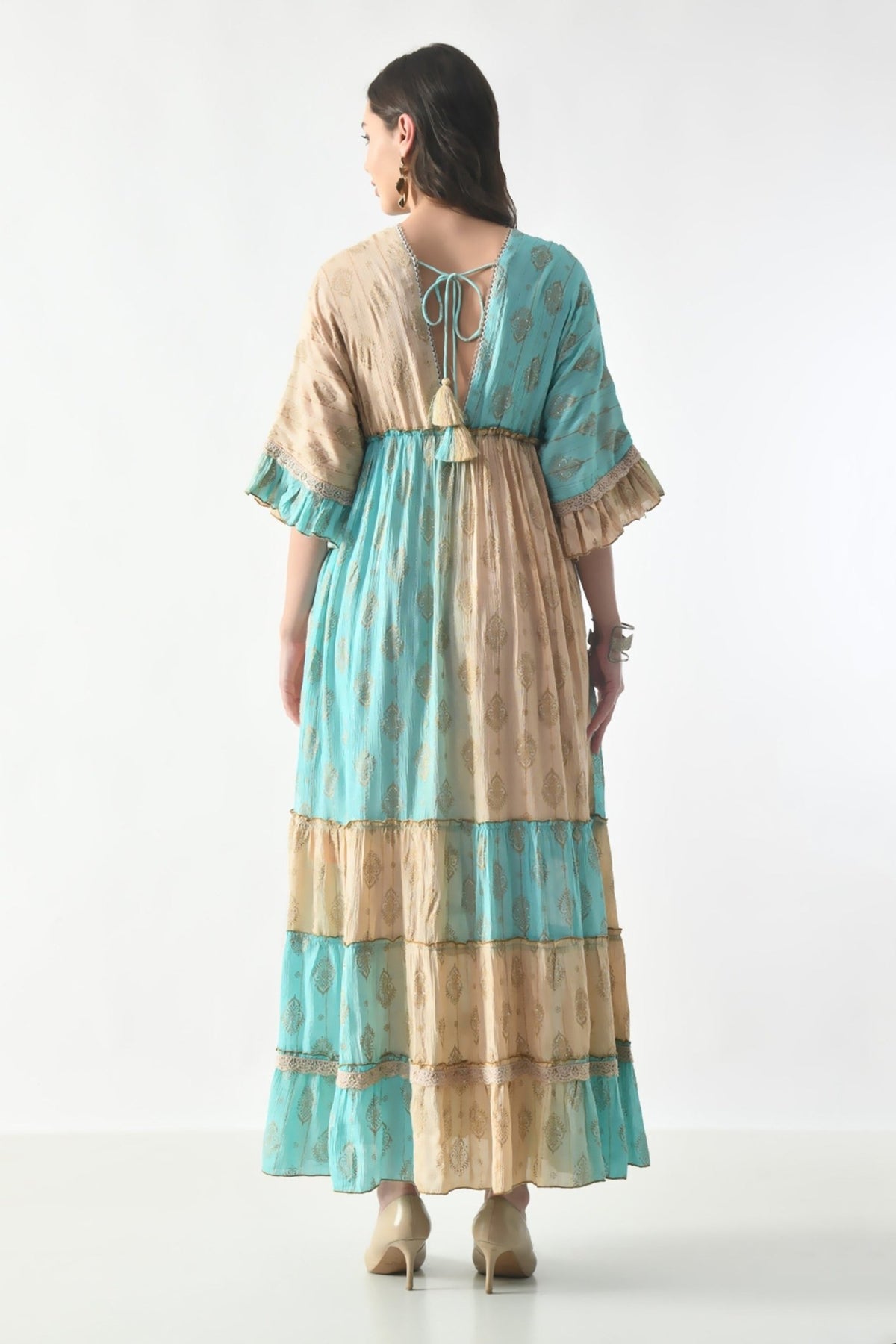 26413 Bohemian Tiered Maxi Dress with Gold Foil Print – Elegant Summer Resort Dress - Advance Apparels Inc