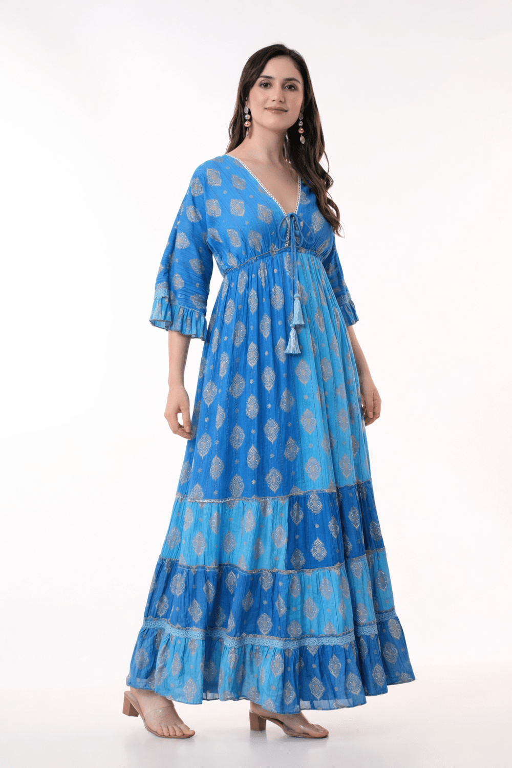26413 Bohemian Tiered Maxi Dress with Gold Foil Print – Elegant Summer Resort Dress - Advance Apparels Inc