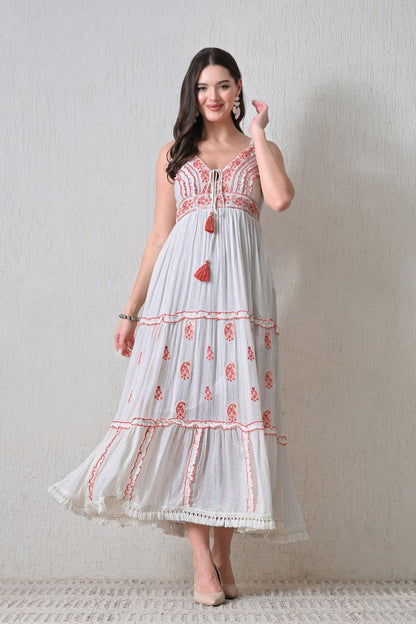 26414 Bohemian Embroidered Tiered Maxi Dress – Sleeveless V-Neck Summer Dress - Advance Apparels Inc