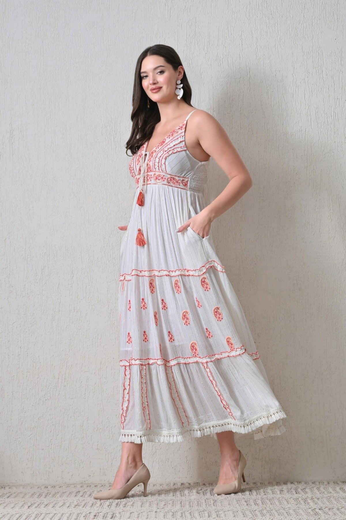 26414 Bohemian Embroidered Tiered Maxi Dress – Sleeveless V-Neck Summer Dress - Advance Apparels Inc