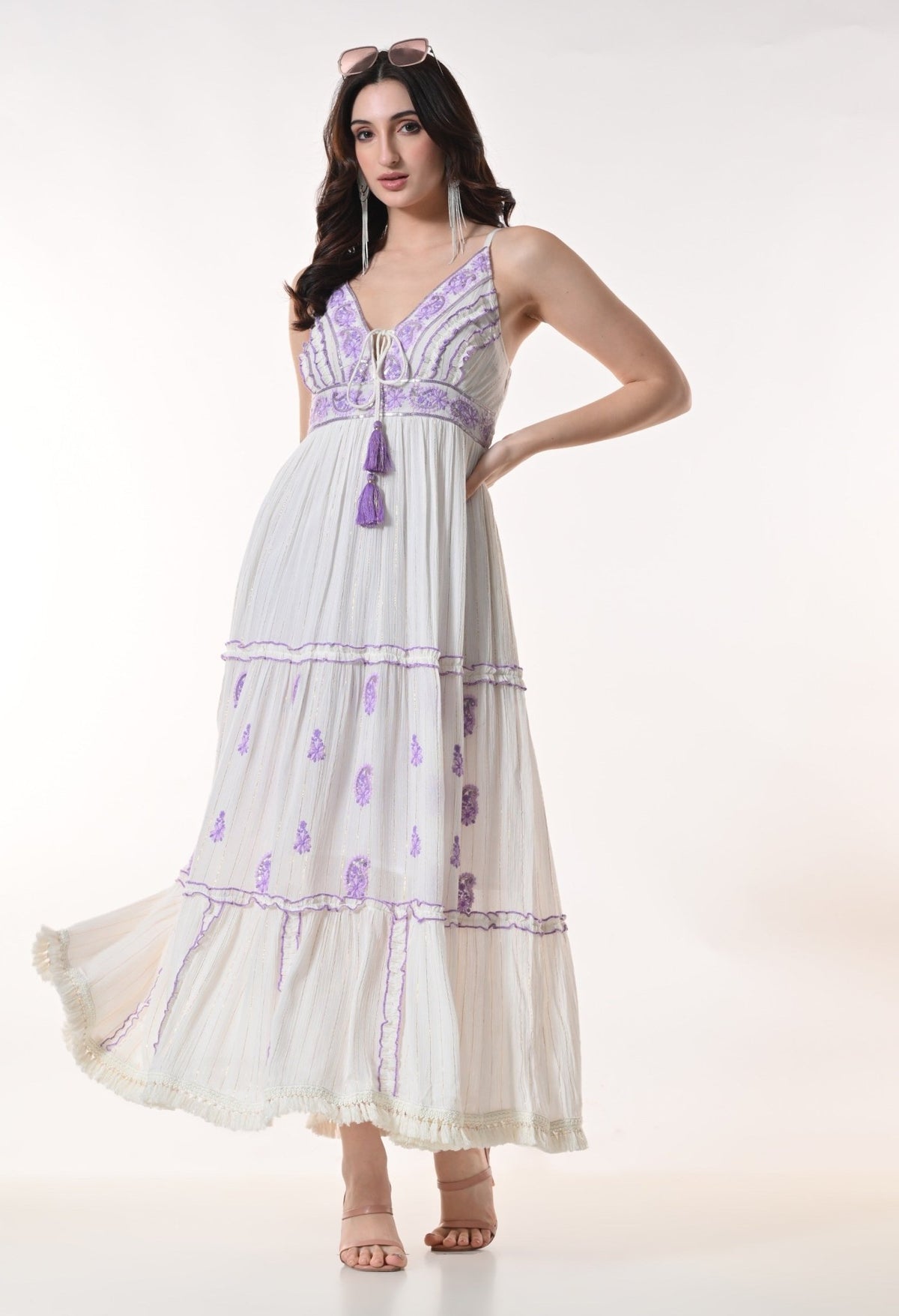 26414 Bohemian Embroidered Tiered Maxi Dress – Sleeveless V-Neck Summer Dress - Advance Apparels Inc