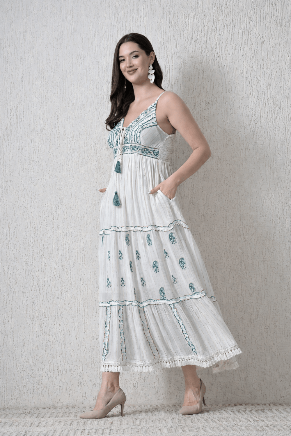 26414 Bohemian Embroidered Tiered Maxi Dress – Sleeveless V-Neck Summer Dress - Advance Apparels Inc