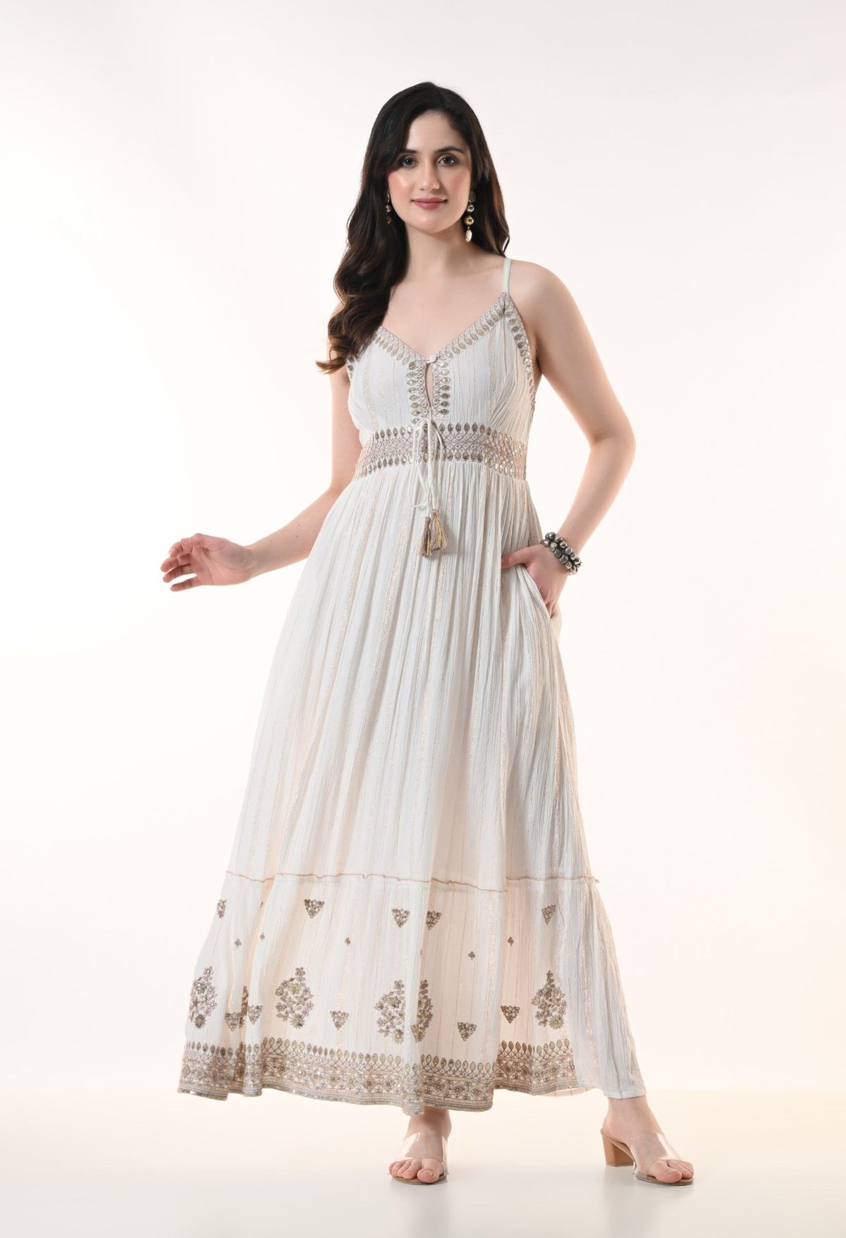 26416 Embroidered Cotton Maxi Dress with Tassel Tie – Boho Summer Dress - Advance Apparels Inc