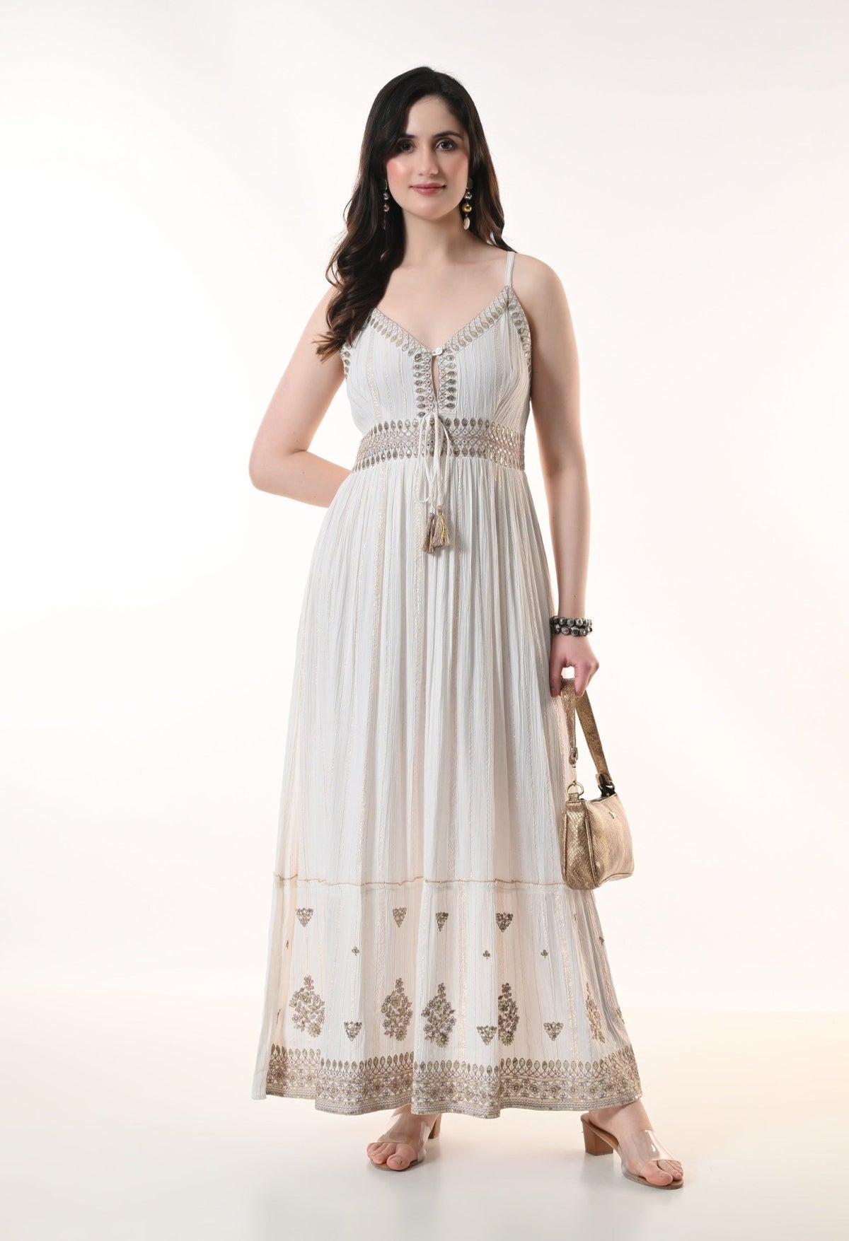 26416 Embroidered Cotton Maxi Dress with Tassel Tie – Boho Summer Dress - Advance Apparels Inc