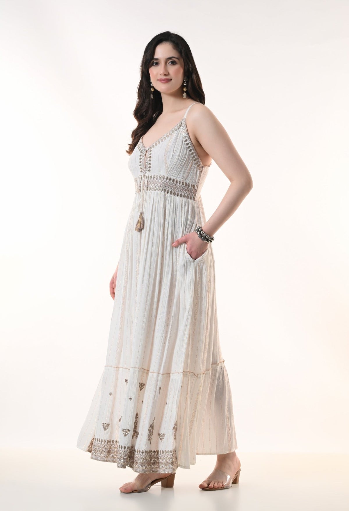 26416 Embroidered Cotton Maxi Dress with Tassel Tie – Boho Summer Dress - Advance Apparels Inc