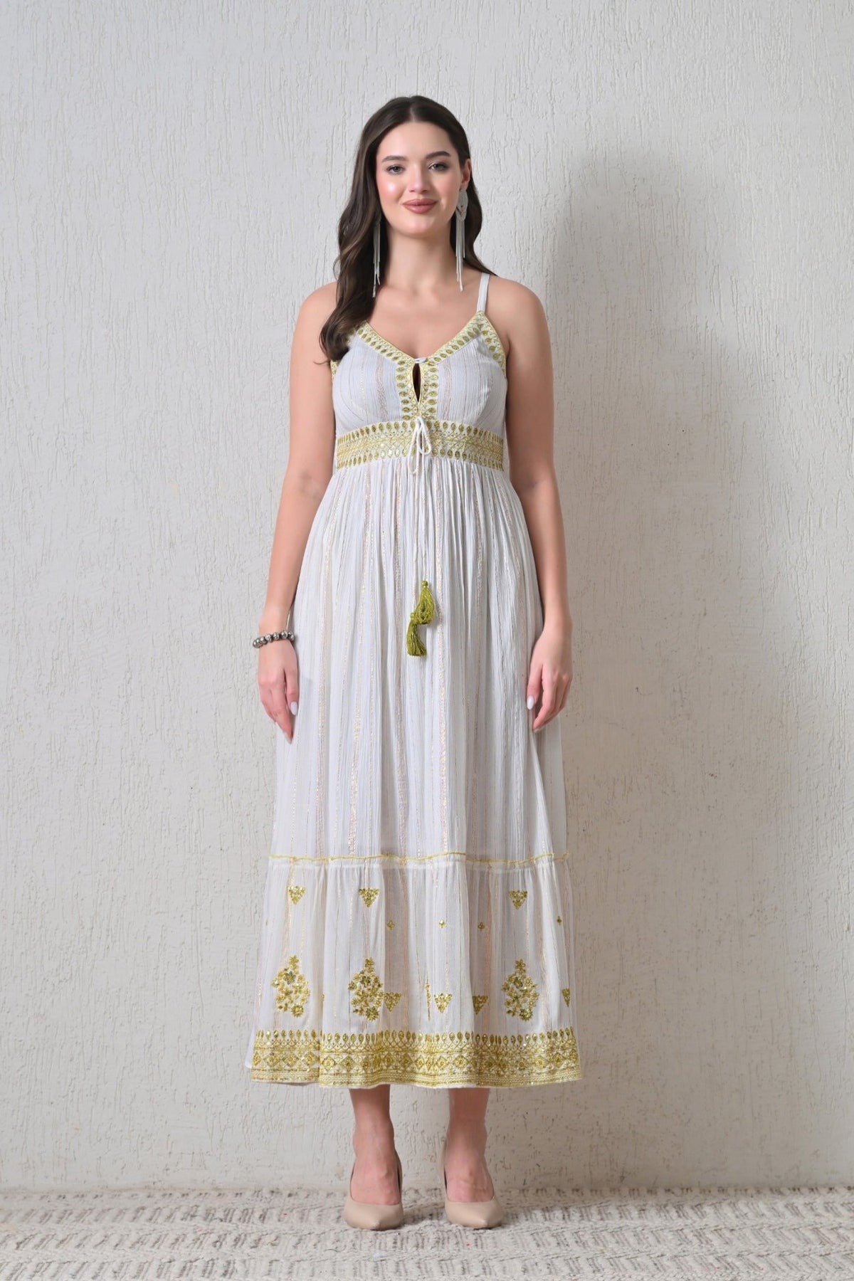 26416 Embroidered Cotton Maxi Dress with Tassel Tie – Boho Summer Dress - Advance Apparels Inc