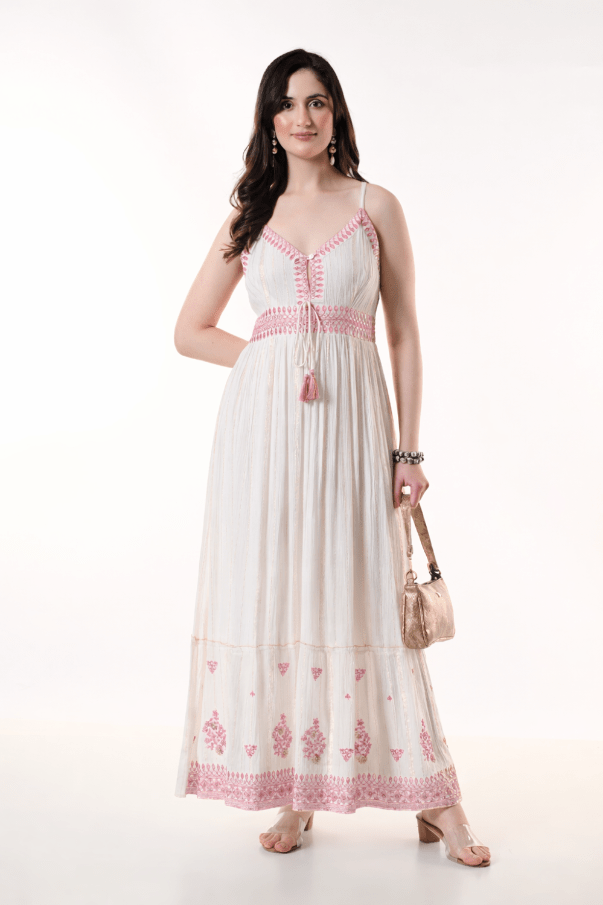 26416 Embroidered Cotton Maxi Dress with Tassel Tie – Boho Summer Dress - Advance Apparels Inc