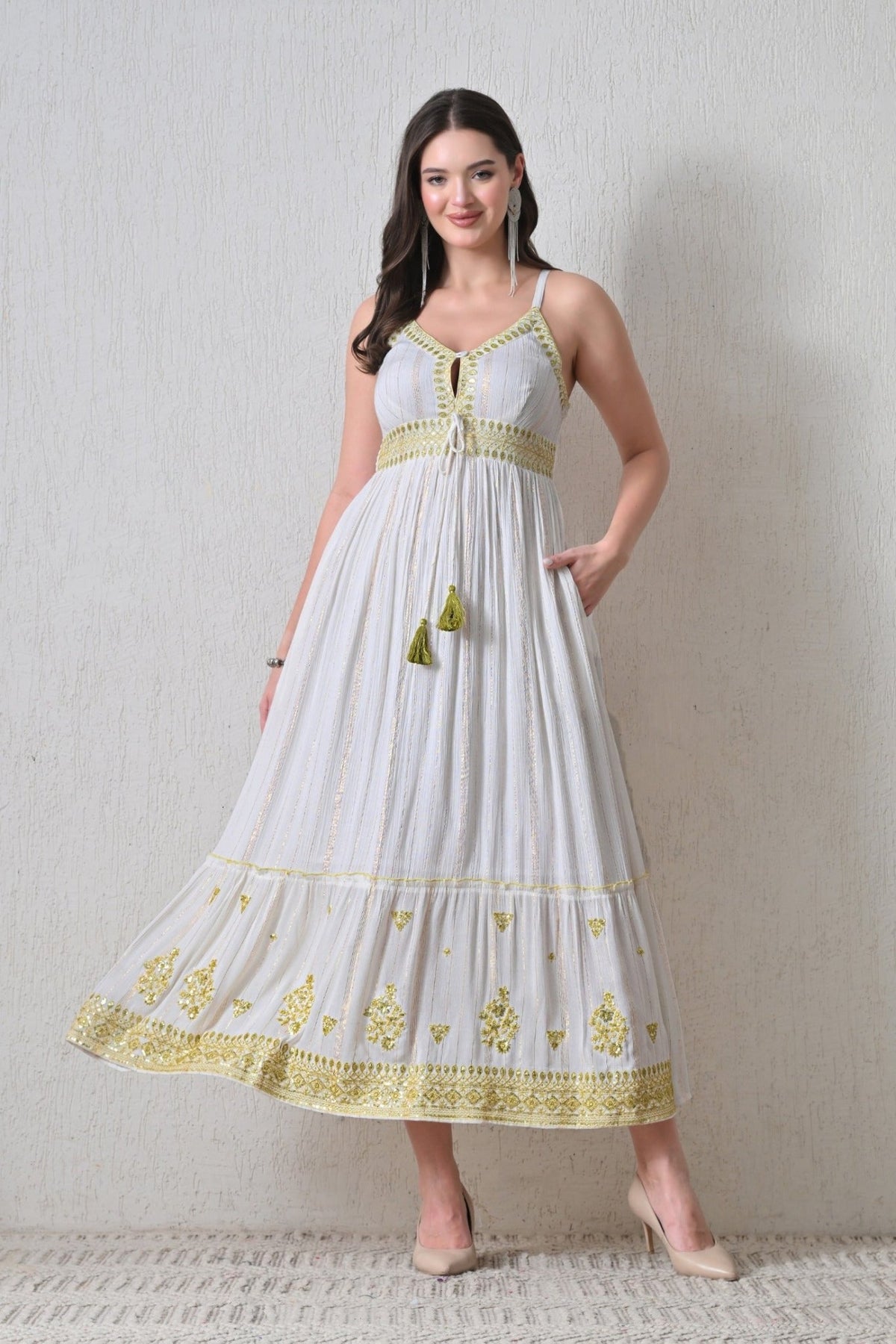 26416 Embroidered Cotton Maxi Dress with Tassel Tie – Boho Summer Dress - Advance Apparels Inc