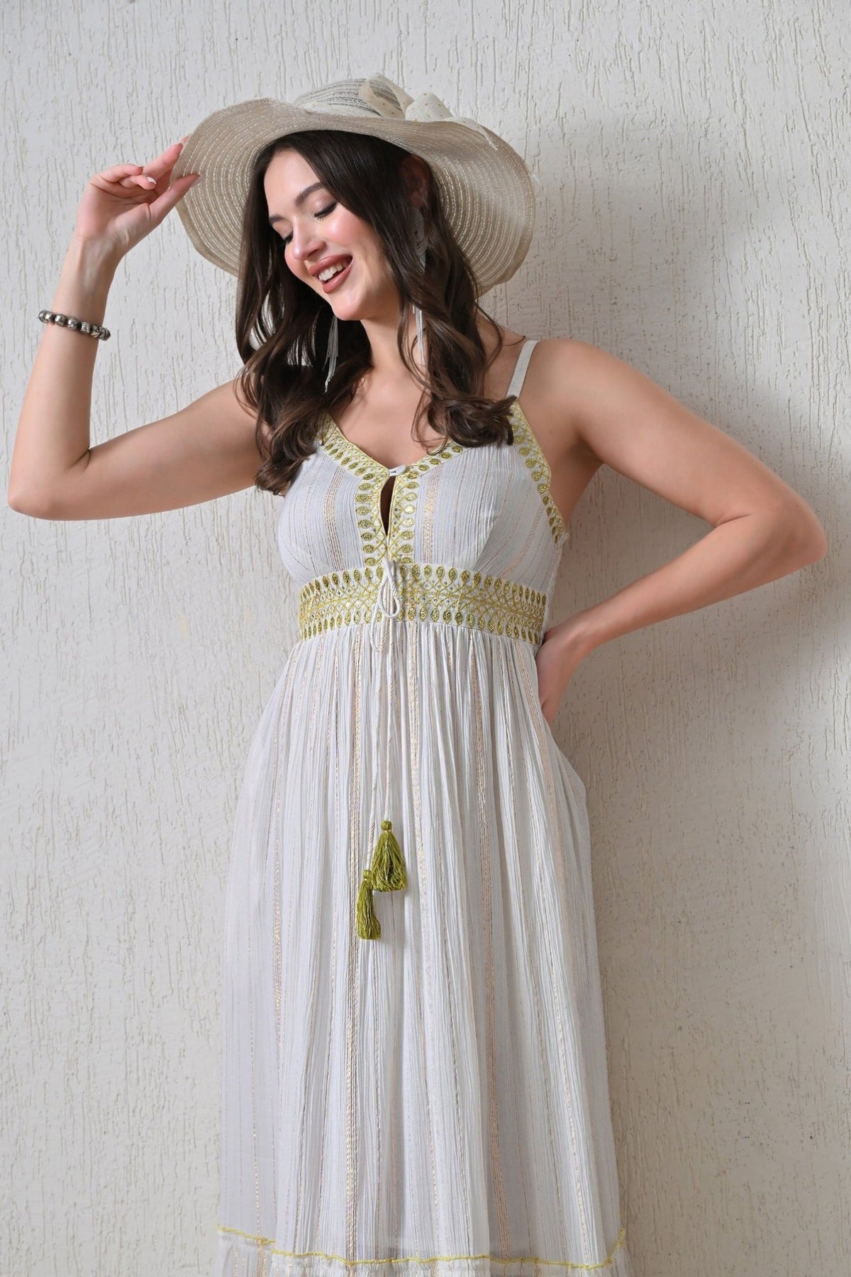 26416 Embroidered Cotton Maxi Dress with Tassel Tie – Boho Summer Dress - Advance Apparels Inc