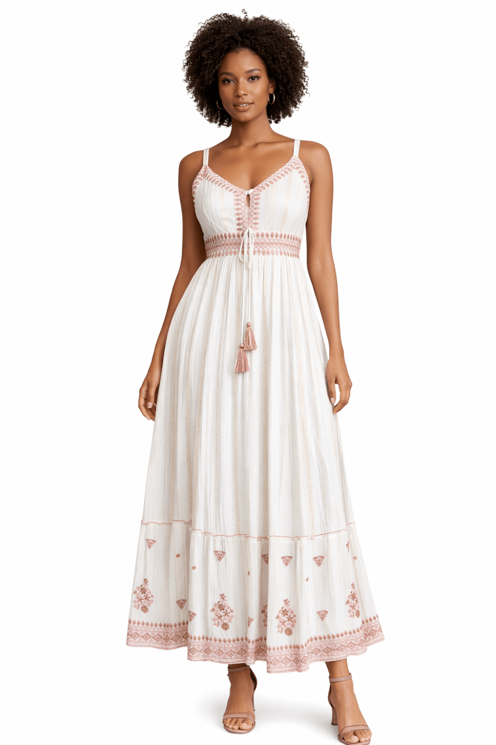 26416 Embroidered Cotton Maxi Dress with Tassel Tie – Boho Summer Dress - Advance Apparels Inc