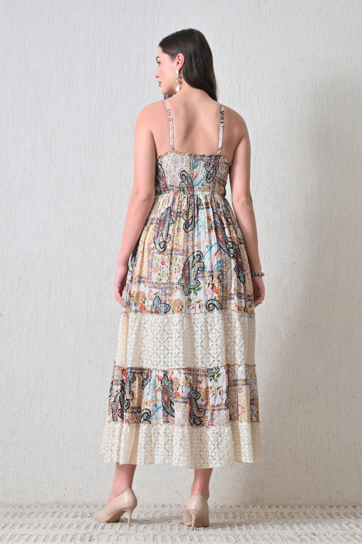 26417 Bohemian Paisley Lace Tiered Maxi Dress with Tassel Tie - Advance Apparels Inc