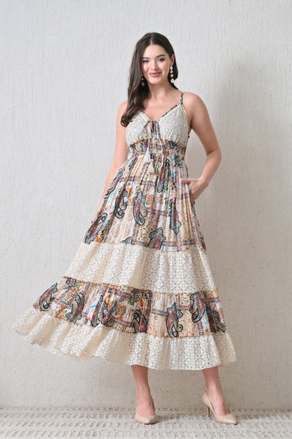 26417 Bohemian Paisley Lace Tiered Maxi Dress with Tassel Tie - Advance Apparels Inc