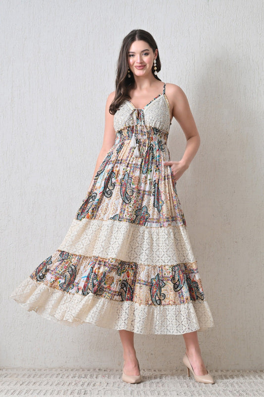 26417 Bohemian Paisley Lace Tiered Maxi Dress with Tassel Tie - Advance Apparels Inc