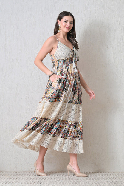 26417 Bohemian Paisley Lace Tiered Maxi Dress with Tassel Tie - Advance Apparels Inc