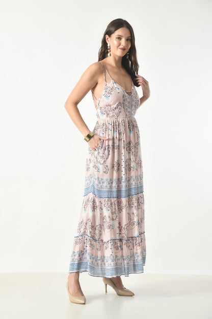 26419 Bohemian Floral Print Tiered Maxi Dress with Spaghetti Straps - Advance Apparels Inc