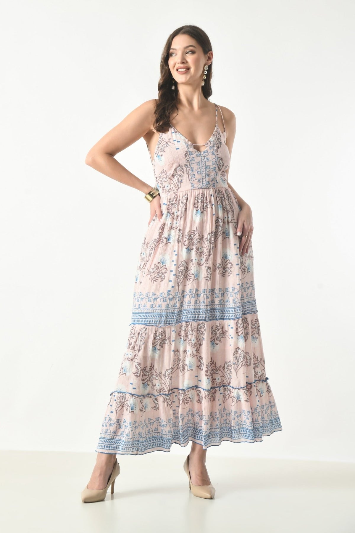 26419 Bohemian Floral Print Tiered Maxi Dress with Spaghetti Straps - Advance Apparels Inc