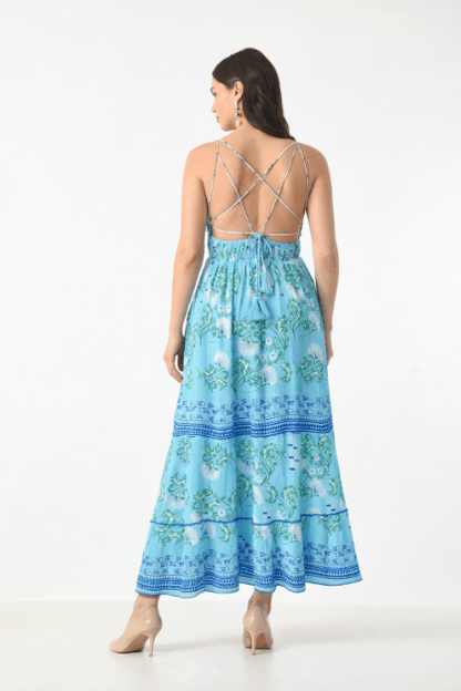 26419 Bohemian Floral Print Tiered Maxi Dress with Spaghetti Straps - Advance Apparels Inc