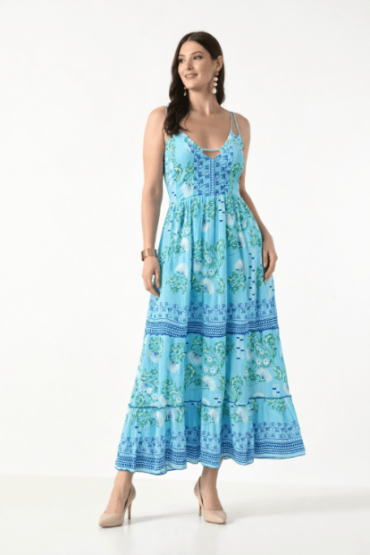 26419 Bohemian Floral Print Tiered Maxi Dress with Spaghetti Straps - Advance Apparels Inc