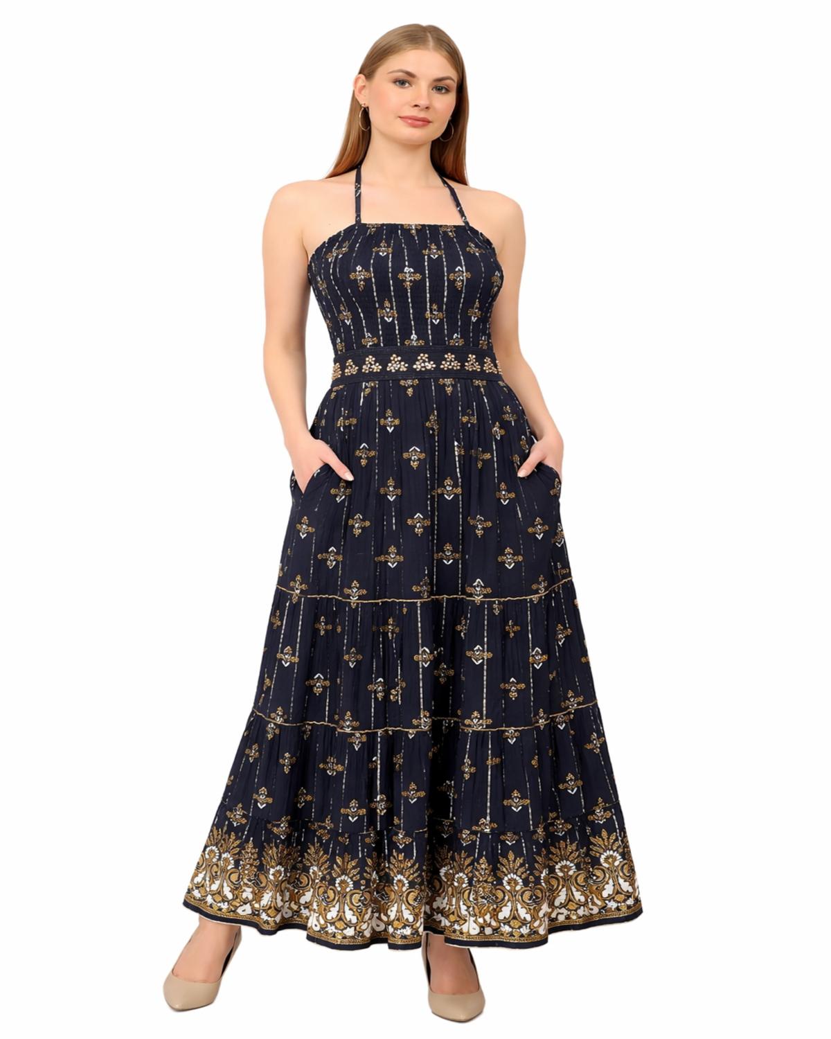 26422 Halter Neck Backless Printed Maxi Dress with Strap Detail - Advance Apparels Inc